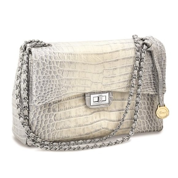 Jere Luxury Leather Handbags - Silver-Grey Top Grain Leather Croc silver-gray Chain Strap shoulder handbag purs